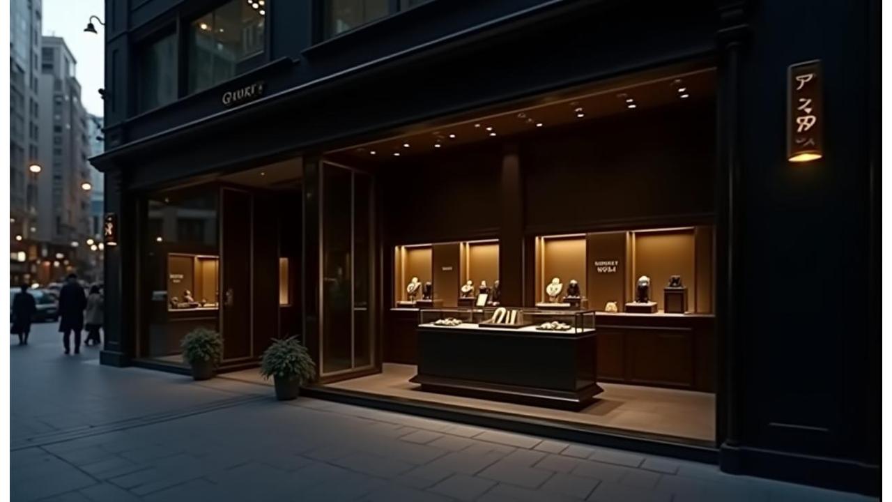 銀座本店外観と高級腕時計のディスプレイ