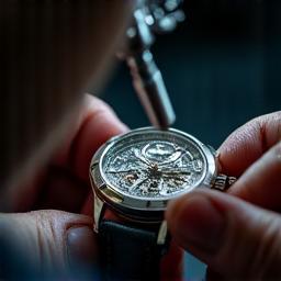 時計内部をルーペで確認する技術者